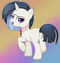 Size: 1024x1075 | Tagged: safe, artist:chaoscy, oc, oc only, oc:nuance harmoney, pony, unicorn, icey-verse, abstract background, bedroom eyes, blank flank, female, looking at you, magical lesbian spawn, mare, missing cutie mark, offspring, parent:octavia melody, parent:vinyl scratch, parents:scratchtavia, raised hoof, raised leg, solo