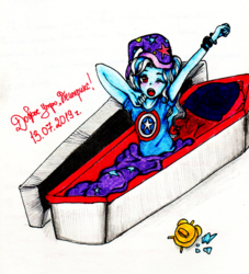 Size: 1556x1713 | Tagged: safe, artist:starwantrix, trixie, vampire, equestria girls, g4, alarm clock, bed, clock, coffin, female, pillow, solo, stretching, traditional art, yawn