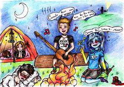 Size: 3467x2461 | Tagged: safe, artist:starwantrix, trixie, equestria girls, g4, campfire, camping, crescent moon, high res, lantern, moon, music notes, outdoors, singing, tent, traditional art
