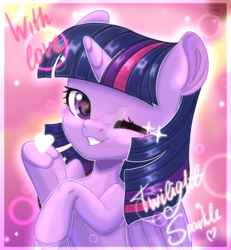 Size: 1600x1728 | Tagged: safe, artist:auroracursed, twilight sparkle, alicorn, pony, g4, bust, deviantart watermark, female, frog (hoof), heart, looking at you, mare, obtrusive watermark, one eye closed, portrait, solo, twilight sparkle (alicorn), underhoof, watermark