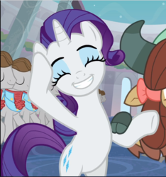 Size: 882x942 | Tagged: safe, screencap, rarity, star gazer, yona, pony, unicorn, yak, g4, she's all yak, bipedal, cropped, cute, eyes closed, female, fit right in, hoof on head, mare, offscreen character, raised hoof, raribetes, smiling, solo focus