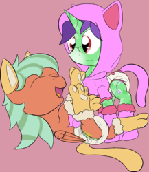 Size: 2397x2756 | Tagged: safe, artist:ricktin, oc, oc only, oc:crescent star, oc:peppermint lime, crystal pony, crystal unicorn, pegasus, pony, unicorn, adult foal, cat ears, cat hoodie, cat tail, clothes, cute, diaper, diaper fetish, fetish, girly, happy, high res, hoodie, laughing, male, mittens, non-baby in diaper, open mouth, pastel, paw pads, paws, sissy, stallion, story included, tickling