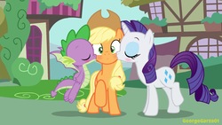 Size: 1724x969 | Tagged: safe, artist:georgegarza01, applejack, rarity, spike, dragon, pony, bisexual, blushing, cheek kiss, cute, female, imminent threesome, kiss sandwich, kissing, male, moment killer, oops, shipping, show accurate, sparity, straight, surprised, winged spike, wings