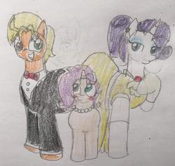 Size: 1280x1213 | Tagged: safe, artist:powerpup97, ragamuffin (g4), rarity, oc, oc:clarity diamond, pony, g4, blushing, bowtie, clothes, dress, equestria girls ponified, family, female, jewelry, male, necklace, offspring, parent:ragamuffin, parent:rarity, parents:rarimuffin, pearl necklace, ponified, rarimuffin, shipping, straight, traditional art, tuxedo