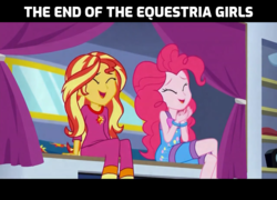 Size: 800x575 | Tagged: safe, pinkie pie, sunset shimmer, equestria girls, equestria girls series, g4, sunset's backstage pass!, spoiler:eqg series (season 2), caption, image macro, text, the end of equestria girls