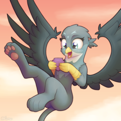 Size: 2000x2000 | Tagged: safe, artist:ohemo, gabby, griffon, g4, atg 2019, blushing, cheerful, claws, cute, cutie mark, female, flying, gabbybetes, happy, high res, looking down, newbie artist training grounds, open mouth, paw pads, paws, picture frame, smiling, solo, spread wings, talons, toe beans, toes, underpaw