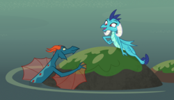 Size: 915x527 | Tagged: safe, artist:queencold, princess ember, oc, dragon, sea dragon, g4, dragoness, duo, female, fins, rock, teenaged dragon, water, webbed fingers
