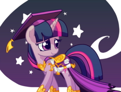 Size: 1927x1474 | Tagged: safe, artist:andromedasparkz, twilight sparkle, pony, unicorn, g4, atg 2019, cute, female, graduation cap, hat, looking back, mare, newbie artist training grounds, outfit, saddle, shy, solo, stars, tack, unicorn twilight, younger