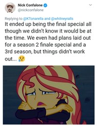 Size: 3106x4096 | Tagged: safe, sunset shimmer, equestria girls, equestria girls series, g4, sunset's backstage pass!, spoiler:eqg series (season 2), crying, meta, nick confalone, sad, sunsad shimmer, text, the end of equestria girls, twitter