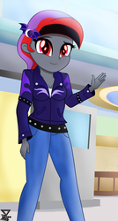 Size: 1120x2096 | Tagged: safe, artist:theretroart88, oc, oc only, oc:jimmy hook (female), human, equestria girls, g4, belt, boots, clothes, denim, equestria girls-ified, female, high heel boots, jacket, jeans, pants, shirt, shoes, solo, waving