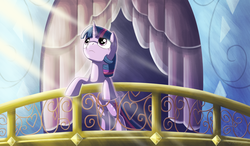 Size: 1200x700 | Tagged: safe, artist:racingwolf, twilight sparkle, alicorn, pony, fanfic:beneath the surface, g4, crepuscular rays, crystal empire, fanfic art, female, mare, solo, twilight sparkle (alicorn)