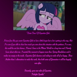 Size: 2304x2304 | Tagged: safe, editor:lonely fanboy48, cherry crash, paisley, sandalwood, scott green, starlight, sweet leaf, twilight sparkle, wiz kid, equestria girls, equestria girls series, g4, my little pony equestria girls, spring breakdown, sunset's backstage pass!, spoiler:eqg series (season 2), clothes, dress, high res, message, sad, the end of equestria girls, wings