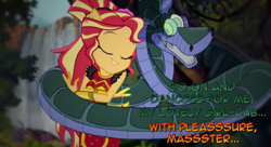 Size: 1340x730 | Tagged: safe, artist:snakeythingy, sunset shimmer, dance magic, equestria girls, equestria girls specials, g4, bracelet, crossover, dancing, eyes closed, female, flamenco, hypnosis, jewelry, jungle, kaa, massage, master, mind control, peril, ponied up, ponytail, slavery, solo, story included, text, the jungle book