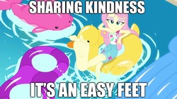 Size: 1920x1080 | Tagged: safe, edit, edited screencap, screencap, fluttershy, equestria girls, g4, i'm on a yacht, my little pony equestria girls: better together, barefoot, caption, element of kindness, feet, flutterfeet, image macro, kindness, pun, sexy, sharing kindness, song reference, text, theme song, toes, wiggling toes