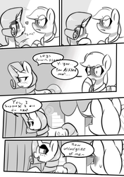 Size: 1493x2125 | Tagged: safe, artist:provolonepone, applejack, rarity, earth pony, pony, unicorn, comic:a sapphic story, g4, blushing, carousel boutique, clothes, comic, cooing, cute, dress, female, jackabetes, lesbian, monochrome, raribetes, ship:rarijack, shipping