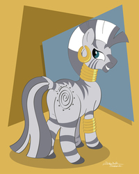 Size: 959x1200 | Tagged: dead source, safe, artist:sherwood, zecora, pony, zebra, g4, abstract background, butt, ear piercing, earring, female, jewelry, looking at you, looking back, looking back at you, mare, piercing, plot, signature, smiling, solo, zecorass