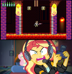 Size: 1920x1995 | Tagged: safe, edit, screencap, fluttershy, sunset shimmer, equestria girls, g4, game stream, my little pony equestria girls: better together, angry video game nerd, psycho gamer sunset, sunset shimmer frustrated at game, tell me what you need