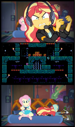 Size: 576x972 | Tagged: safe, edit, screencap, fluttershy, sunset shimmer, equestria girls, g4, game stream, my little pony equestria girls: better together, micro mages, psycho gamer sunset, sunset shimmer frustrated at game, tell me what you need
