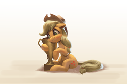Size: 2798x1851 | Tagged: safe, artist:vanillaghosties, applejack, earth pony, pony, g4, applejack's hat, atg 2019, cowboy hat, cutie mark, female, hat, mare, newbie artist training grounds, simple background, sitting, smiling, solo, trophy, white background