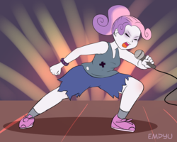 Size: 1000x800 | Tagged: safe, artist:empyu, sweetie belle, equestria girls, g4, 30 minute art challenge, clothes, eyes closed, female, microphone, open mouth, screaming, shorts, solo, spiked wristband, tank top, wristband