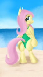 Size: 1800x3200 | Tagged: safe, artist:wapamario63, fluttershy, pegasus, pony, g4, bipedal, butt, clothes, dock, female, flutterbutt, implied tail hole, looking at you, mare, one-piece swimsuit, plot, rear view, solo, swimsuit