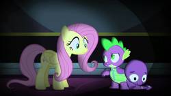 Size: 1280x720 | Tagged: safe, screencap, fluttershy, spike, dragon, pegasus, pony, g4, scare master, castle, clothes, costume, dragon costume, female, looking at each other, male, mare, nightmare night, twilight's castle