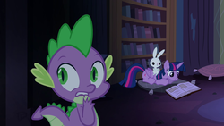 Size: 1280x720 | Tagged: safe, screencap, angel bunny, spike, twilight sparkle, alicorn, dragon, pony, rabbit, castle mane-ia, g4, animal, book, bookshelf, castle of the royal pony sisters, female, lying down, male, mare, pillow, reading, scared, that pony sure does love books, twilight sparkle (alicorn)