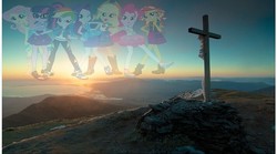 Size: 713x397 | Tagged: safe, applejack, fluttershy, pinkie pie, rainbow dash, rarity, sci-twi, sunset shimmer, twilight sparkle, equestria girls, g4, cross, humane five, humane seven, humane six, mountain, sunrise, the end of equestria girls