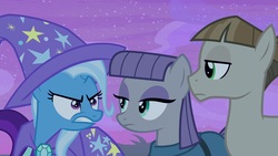 Size: 1920x1080 | Tagged: safe, screencap, maud pie, mudbriar, trixie, earth pony, pony, unicorn, g4, student counsel, 1080p, angry, gritted teeth, looking at each other