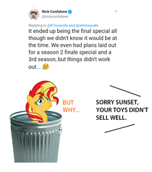 Size: 1164x1316 | Tagged: safe, sunset shimmer, equestria girls, g4, abuse, background pony strikes again, crying, female, meta, op is a duck, op is trying to start shit, sad, shimmerbuse, simple background, text, the end of equestria girls, trash can, twitter, white background