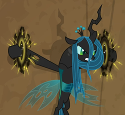 Size: 667x613 | Tagged: safe, screencap, queen chrysalis, changeling, changeling queen, pony, frenemies (episode), g4, angry, bondage, female, implied grogar, magic bondage
