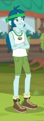 Size: 218x600 | Tagged: safe, screencap, captain planet, equestria girls, g4, my little pony equestria girls: legend of everfree, background human, boots, camp everfree logo, camp everfree outfits, clothes, crossed arms, legs, male, shoes, shorts, smiling