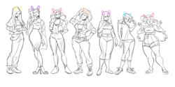 Size: 1280x640 | Tagged: safe, artist:jomarston, applejack, fluttershy, pinkie pie, rainbow dash, rarity, sunset shimmer, twilight sparkle, equestria girls, g4, boots, cowboy hat, female, hat, high heels, humane five, humane seven, humane six, lineart, plump, shoes, simple background, white background, wip