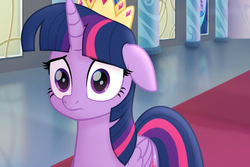 Size: 618x412 | Tagged: safe, screencap, twilight sparkle, alicorn, pony, g4, my little pony: the movie, canterlot, canterlot throne room, crown, female, floppy ears, jewelry, looking at you, mare, regalia, sad, solo, twilight sparkle (alicorn)