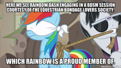 Size: 600x337 | Tagged: safe, edit, edited screencap, screencap, rainbow dash, withers, pegasus, pony, daring done?, g4, blindfold, bound wings, caption, female, henchmen, image macro, implied bdsm, male, mare, memeful.com, mouth hold, rainbond dash, rope, stallion, sunglasses, text, tied up, wings
