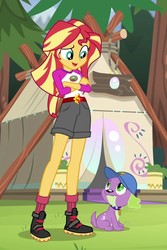 Size: 683x1022 | Tagged: safe, screencap, spike, spike the regular dog, sunset shimmer, dog, equestria girls, g4, my little pony equestria girls: legend of everfree, boots, camp everfree logo, camp everfree outfits, cap, clothes, collar, crossed arms, frown, hat, legs, male, paws, raised eyebrow, shoes, shorts, socks, spike's dog collar, tail, tent