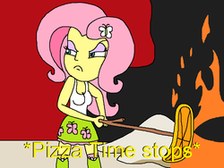 Size: 1017x765 | Tagged: safe, artist:logan jones, fluttershy, butterfly, equestria girls, g4, angry, boots, clothes, cooking, fire, food, hairpin, luigi, meme, miniskirt, pizza, pizza time, pizza time stops, ponified meme, reaction image, shoes, skirt, socks, stick, subtitles, tank top, the super mario bros. super show!