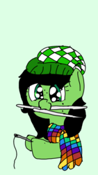 Size: 1440x2560 | Tagged: safe, artist:scotch, oc, oc:filly anon, pony, clothes, cute, female, filly, hat, knitting needles, rainbow, scarf, sewing needle