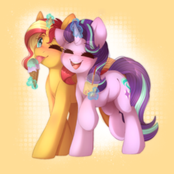 Size: 3000x3000 | Tagged: safe, artist:adostume, starlight glimmer, sunset shimmer, pony, unicorn, g4, blushing, commission, cute, duo, eyes closed, female, food, glimmerbetes, happy, high res, ice cream, lesbian, magic, mare, one eye closed, shimmerbetes, ship:shimmerglimmer, shipping, smiling, telekinesis