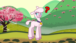 Size: 1366x768 | Tagged: safe, artist:zeka10000, pom (tfh), lamb, sheep, them's fightin' herds, bell, cloven hooves, community related, looking back, no pupils, question mark, standing, unshorn fetlocks