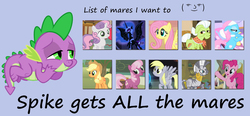 Size: 1313x609 | Tagged: safe, artist:porygon2z, applejack, derpy hooves, fluttershy, granny smith, lotus blossom, nightmare moon, pinkie pie, spike, sweetie belle, zecora, alicorn, dragon, earth pony, pegasus, pony, unicorn, g4, cheerispike, female, filly, le lenny face, male, mare, op is a duck, op is trying to start shit, ship:applespike, ship:derpyspike, ship:flutterspike, ship:grannyspike, ship:pinkiespike, ship:spikebelle, shipping, spicora, spike gets all the mares, spikemoon, splotus, straight