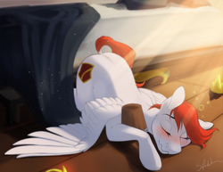 Size: 3300x2550 | Tagged: safe, artist:silentwulv, oc, oc only, oc:sunny flare, pegasus, pony, bed, blushing, drunk, female, high res, solo