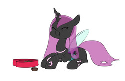 Size: 1120x726 | Tagged: safe, artist:carnifex, queen chrysalis, changeling, changeling queen, g4, bootleg, chocolate, chocolates, eating, eyes closed, female, food, prone, purple changeling, simple background, solo, white background