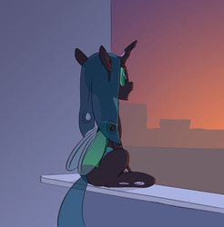 Size: 885x900 | Tagged: safe, artist:carnifex, queen chrysalis, changeling, changeling queen, g4, bootleg, cute, cutealis, female, sitting, solo, sunset