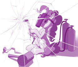 Size: 1280x1096 | Tagged: safe, artist:dstears, pinkie pie, earth pony, pony, g4, acetylene torch, blowtorch, breaking the fourth wall, chest fluff, cracked, cracked screen, cracks, female, fourth wall, glass, grin, hammer, looking at you, mallet, mare, screen, sledgehammer, smiling, solo, welding, welding mask