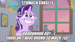 Size: 888x499 | Tagged: safe, edit, edited screencap, screencap, starlight glimmer, pony, g4, student counsel, adventure time, female, floppy ears, grin, meme, need to poop, potty emergency, potty time, reference, smiling, solo, starlight glimmer is best facemaker, stomach noise, teabag, teacups