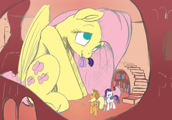 Size: 900x625 | Tagged: safe, artist:php187, artist:swabhard, color edit, edit, applejack, fluttershy, rarity, twilight sparkle, earth pony, pegasus, pony, unicorn, g4, butt, colored, cute, female, fetish, flutterpred, giant pony, giantess, giantshy, golden oaks library, head first, hilarious in hindsight, macro, mare, plot, preylight, shyabetes, vore