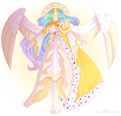 Size: 1914x1842 | Tagged: safe, artist:artistgenepal, princess celestia, human, g4, barefoot, cape, clothes, feet, female, glowing eyes, horn, horned humanization, humanized, simple background, solo, transparent background, winged humanization, wings