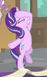 Size: 325x524 | Tagged: safe, screencap, spike, starlight glimmer, dragon, pony, unicorn, g4, the beginning of the end, bipedal, cropped, dramatic pose, eyes closed, female, male, mare, offscreen character, raised leg, solo focus, underhoof, winged spike, wings
