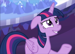 Size: 1291x939 | Tagged: safe, screencap, twilight sparkle, alicorn, pony, g4, the beginning of the end, cropped, cute, female, floppy ears, folded wings, mare, nervous smile, raised hoof, smiling, solo, twiabetes, twilight sparkle (alicorn), wings